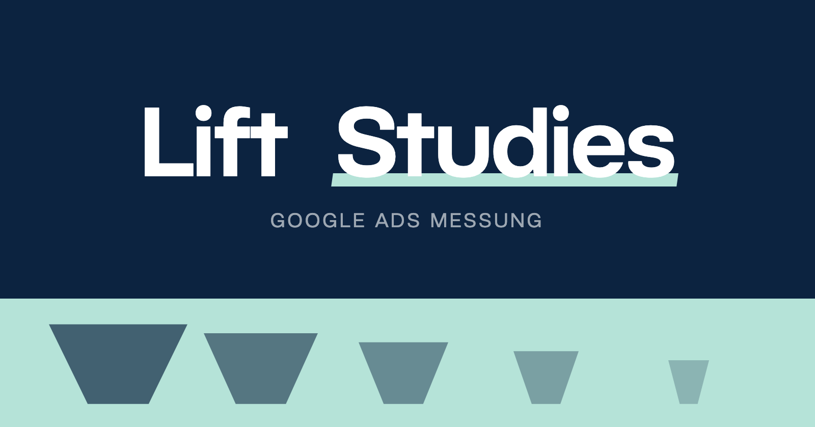 Navy Bildtafel mit dem Schriftzug Lift Studies, darunter die Zeile Google Ads Messung, unten ein Mint-Band mit fünf kleiner werdenden Trichterformen